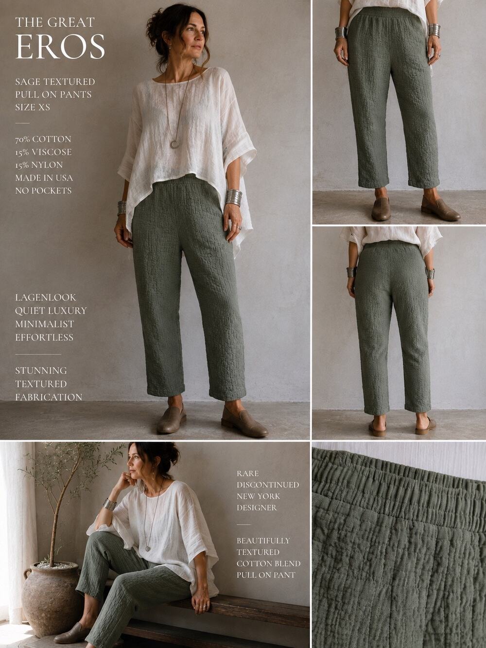 Rare Lagenlook Quiet Luxury The Great Eros Sage Textured Pants Luxe Lounge XS